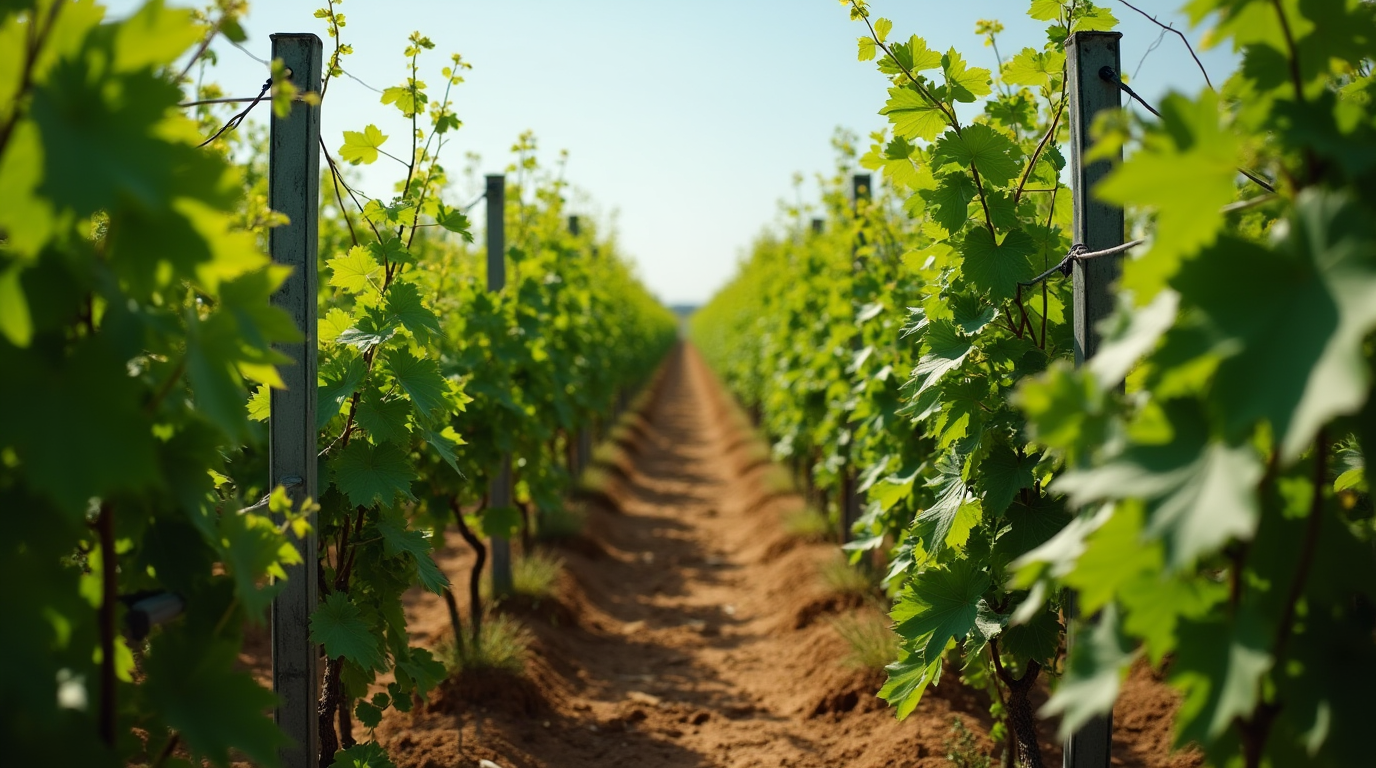 L'immagine raffigura una cornice tra due filari di viti verdi. Il terreno tra i filari è marrone. Il cielo è sereno. L'immagine nel suo complesso rappresenta il legame tra la cultura vinicola della Moldavia e quella italiana.