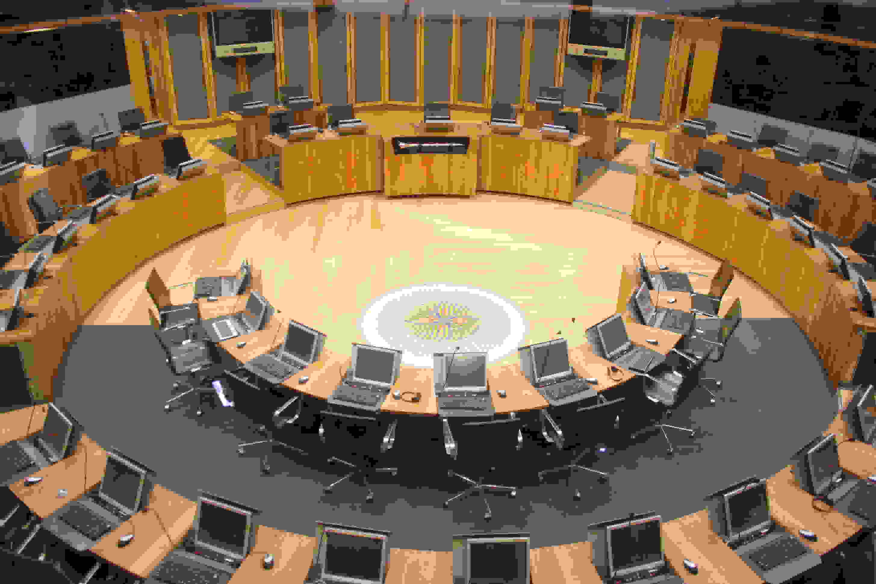 Photo of an empty Senedd chamber, National Assembly for Wales