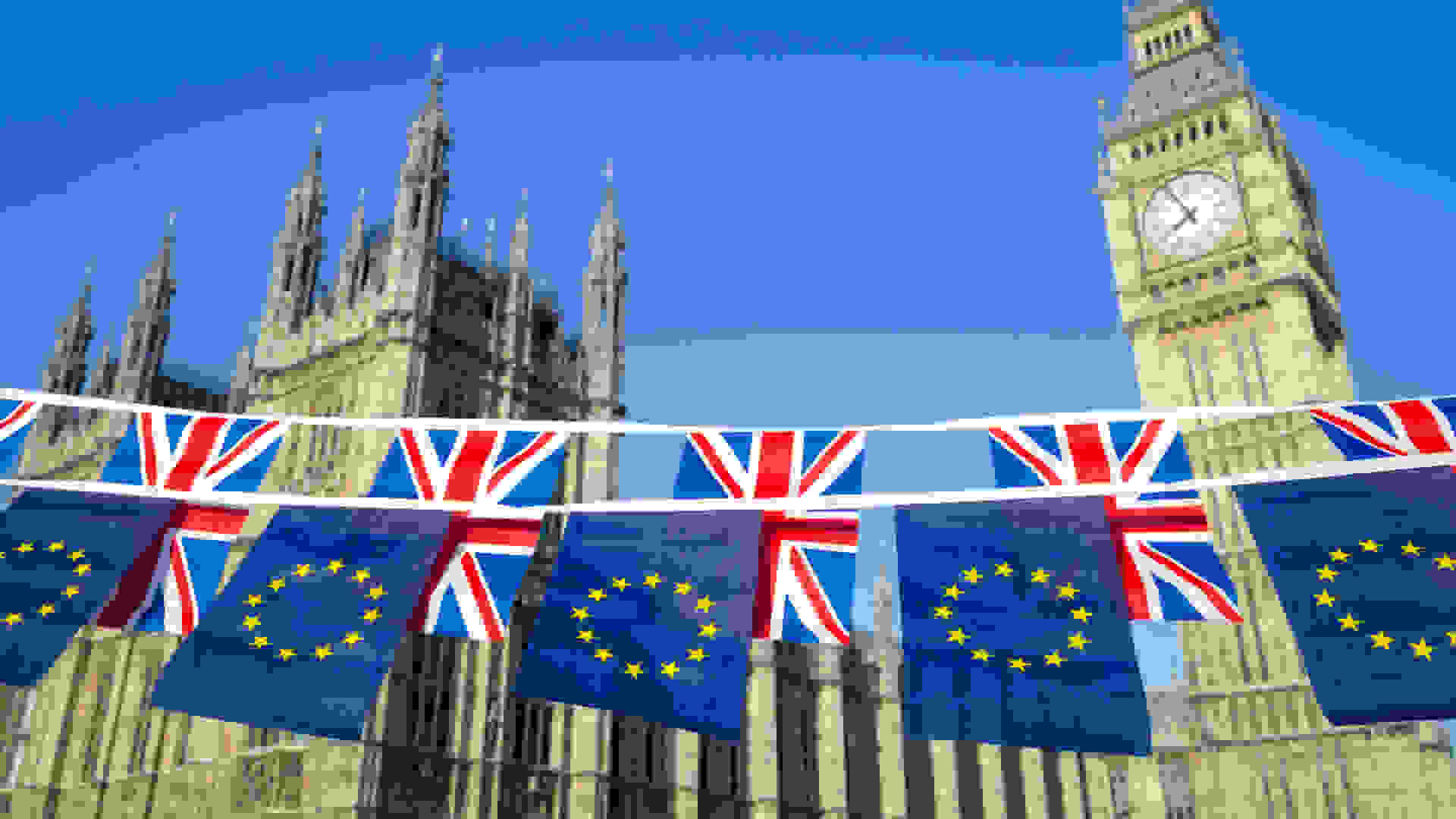 Big Ben, Houses of Parliament, with UK and EU bunting