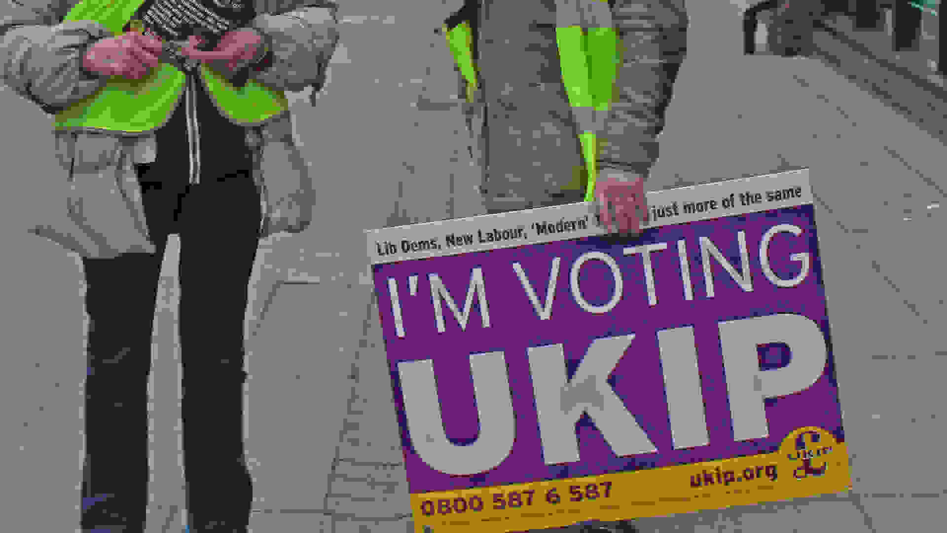 Ukip supporters with an 'I'm voting Ukip sign' canvassing voters during the 2015 UK general election. Wikimedia, Licensed under the Creative Commons