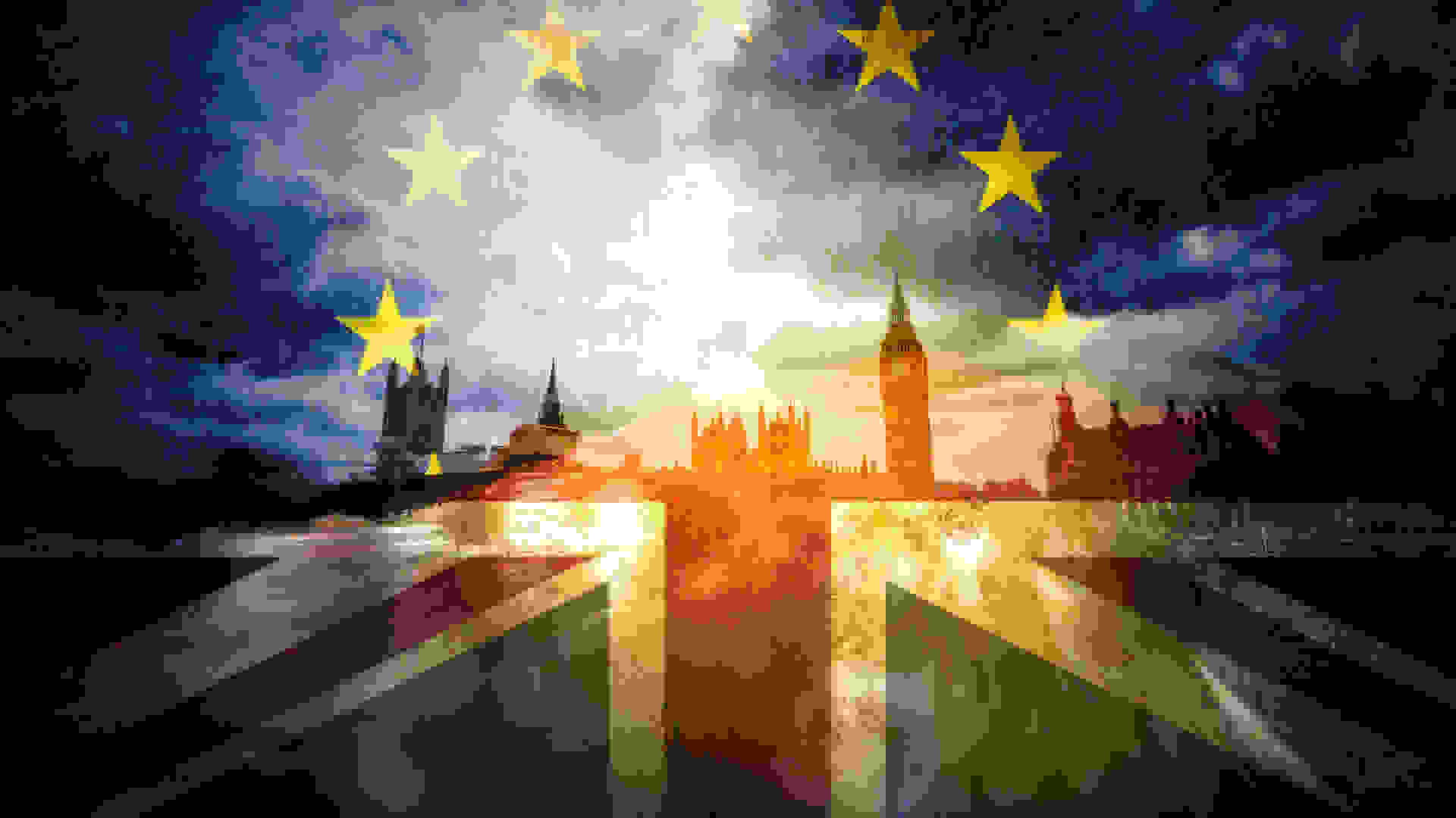 Photo showing EU and UK flags superimposed onto Parliament