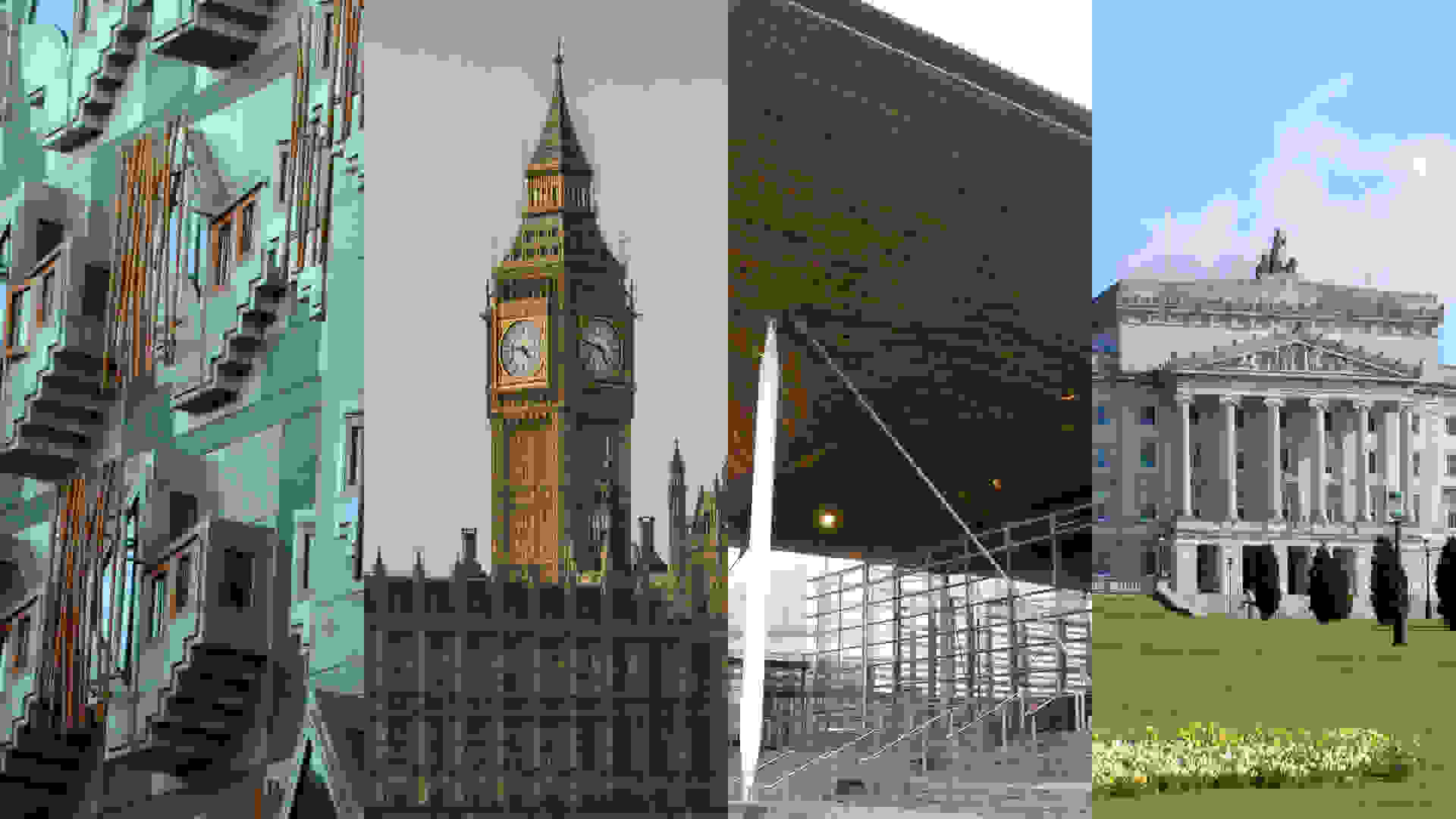 UK legislatures: Scottish Parliament, Westminster, Senedd Cymru, Northern Ireland Assembly (from left to right)