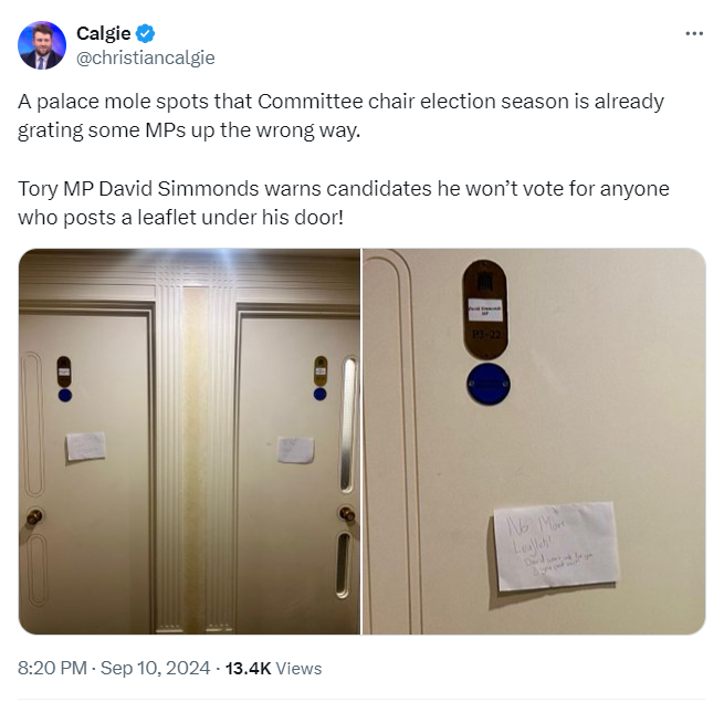 MPs objected to the volume of campaign literature they received during the select committee chair elections. ©christiancalgie/Twitter