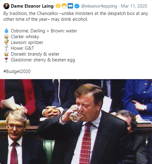 What do Chancellors drink at the Despatch Box when making their Budget statement? The Deputy Speaker, and Chairman of Ways and Means, Dame Eleanor Laing MP explained on Twitter on Budget Day, 11 March 2020   @eleanor4epping