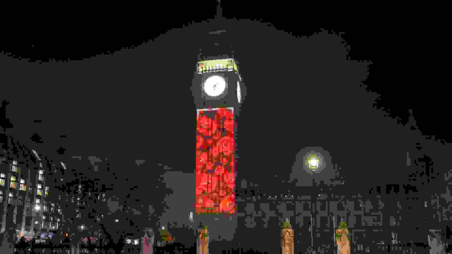 The Elizabeth Tower illuminated with poppies for Remembrance Sunday (2024). Image: Remembrance © House of Commons, CC BY-NC-ND 2.0 https://www.flickr.com/photos/uk_parliament/54141907249