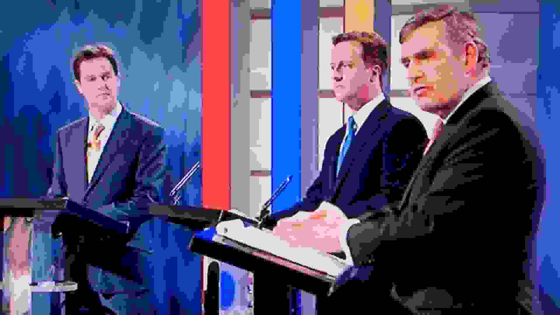 Party Leaders first television election debate (L-R) Nick Clegg, David Cameron, Gordon Brown, 15 April 2010, Manchester. ©Alamy / Homer Sykes