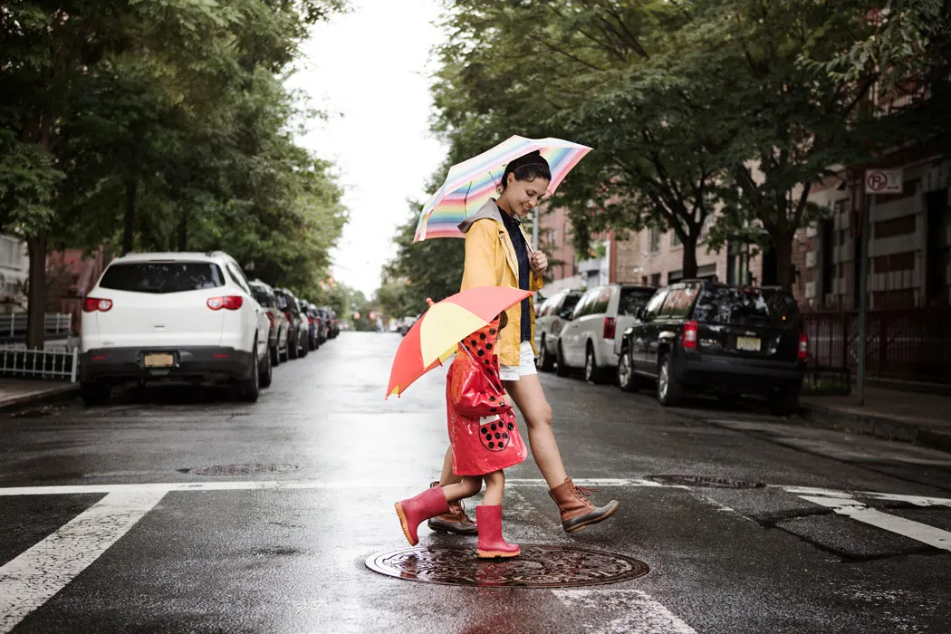 Women and child safely crossing street