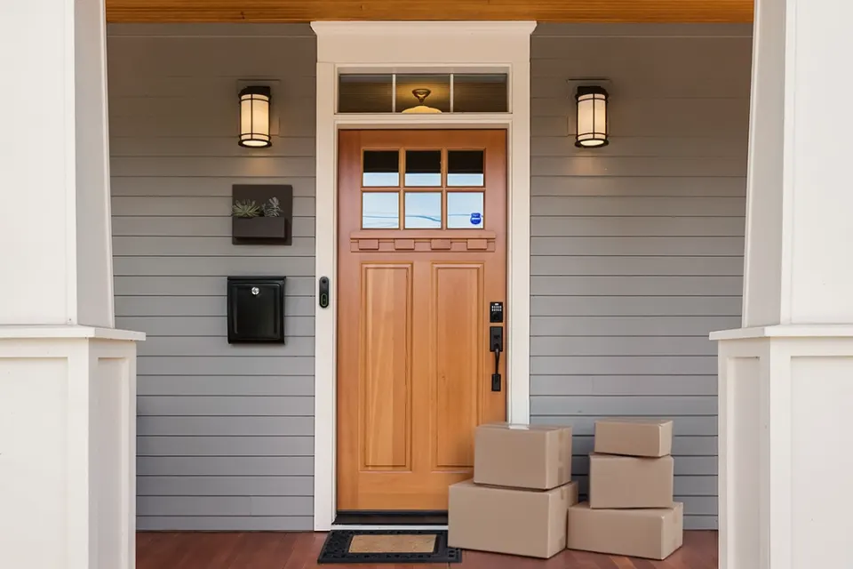 A secure front porch setup designed to prevent package theft—featuring a smart doorbell camera, visible security signage, motion-activated lighting, and a smart lock system, with multiple packages placed near the entry.