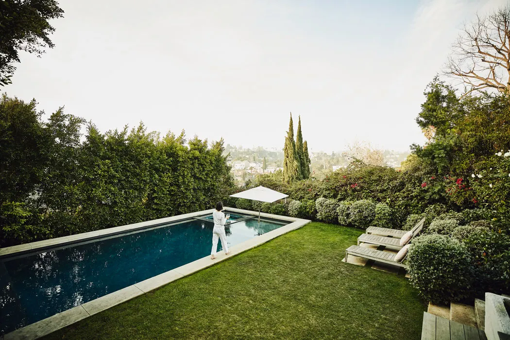 Woman walking backyard