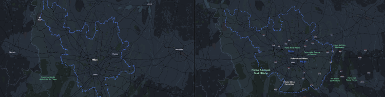 Draft boundary for the Milan metro region (left) and final boundary for Milan metro region (right).