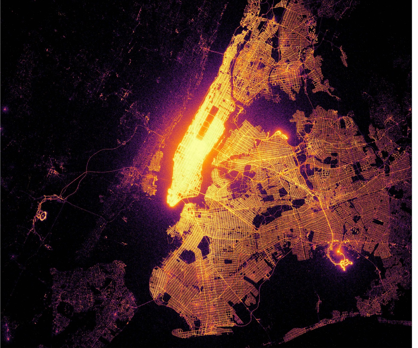 If taxi trips were fireflies. 1.3 billion NYC taxi trips were plotted to create this stunning map. Credit: https://towardsdatascience.com/if-taxi-trips-were-fireflies-1-3-billion-nyc-taxi-trips-plotted-b34e89f96cfa