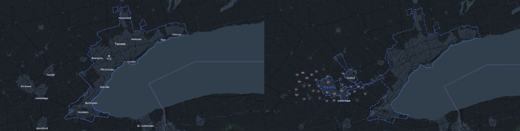 Draft boundary for the Toronto metro region (left) and final boundary for Toronto metro region (right).