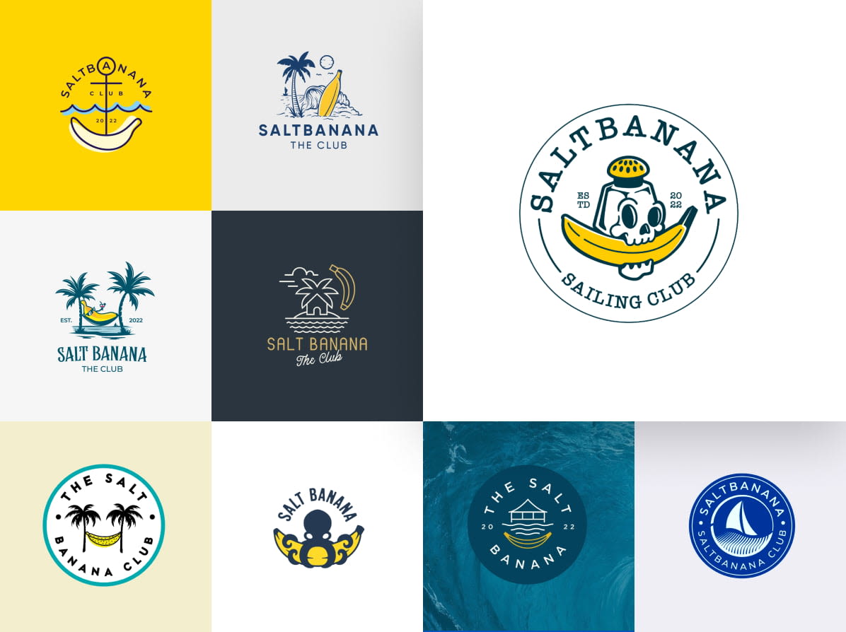 Uma coleção de diferentes logotipos criados em um concurso de design para o The Salt Banana Club