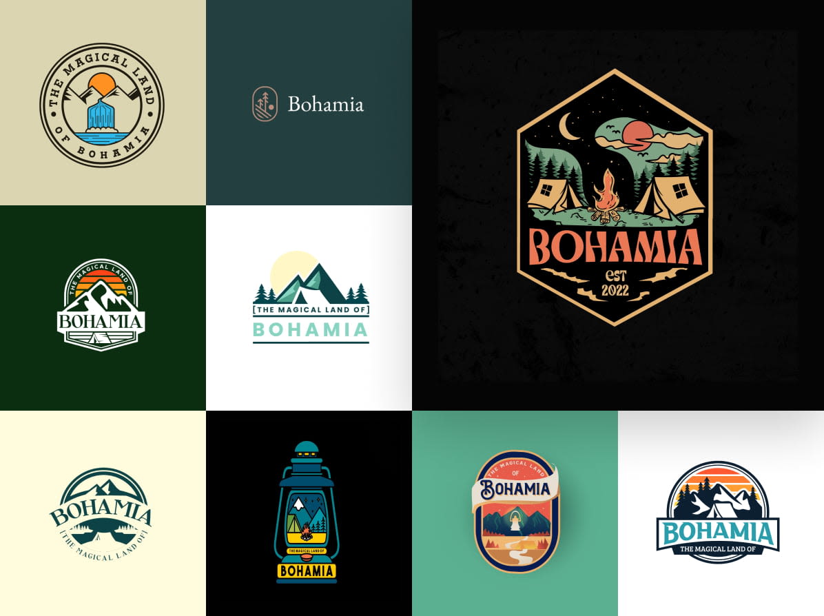 Una colección de diferentes logotipos creados en un concurso de diseño para el Camping Bohamia