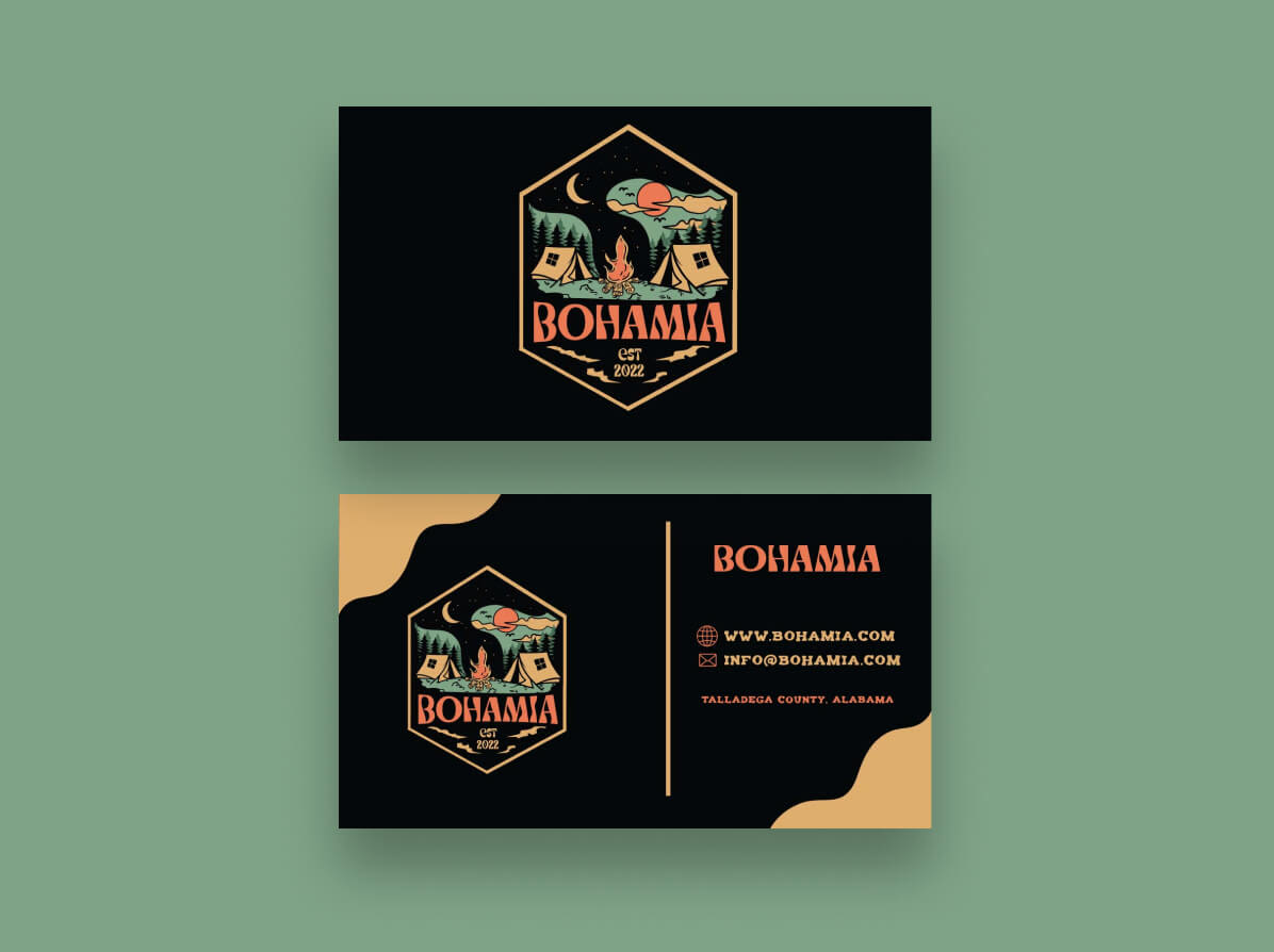 Uma coleção de diferentes cartões de visita criados em um concurso de design para o Bohamia Campground
