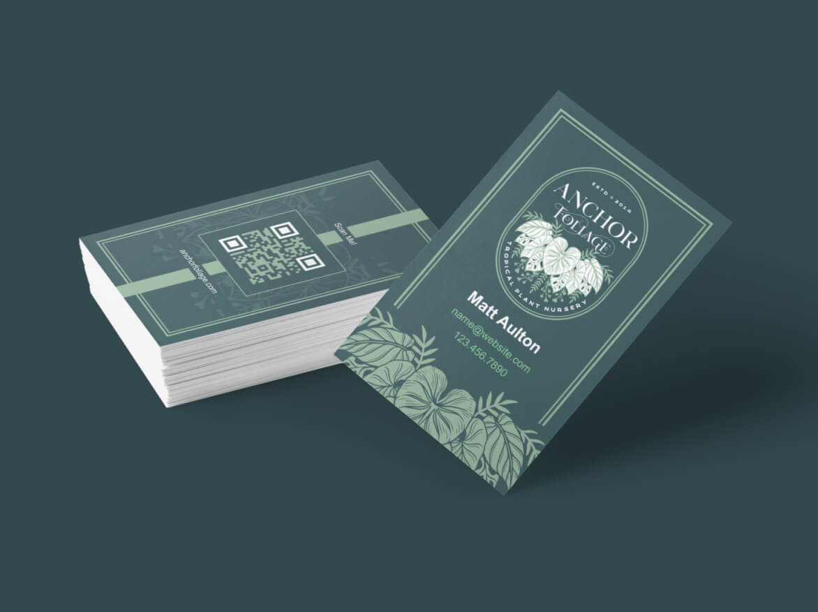 Un diseño de tarjeta de visita creado en un proyecto 1 a 1 para Anchor Foliage