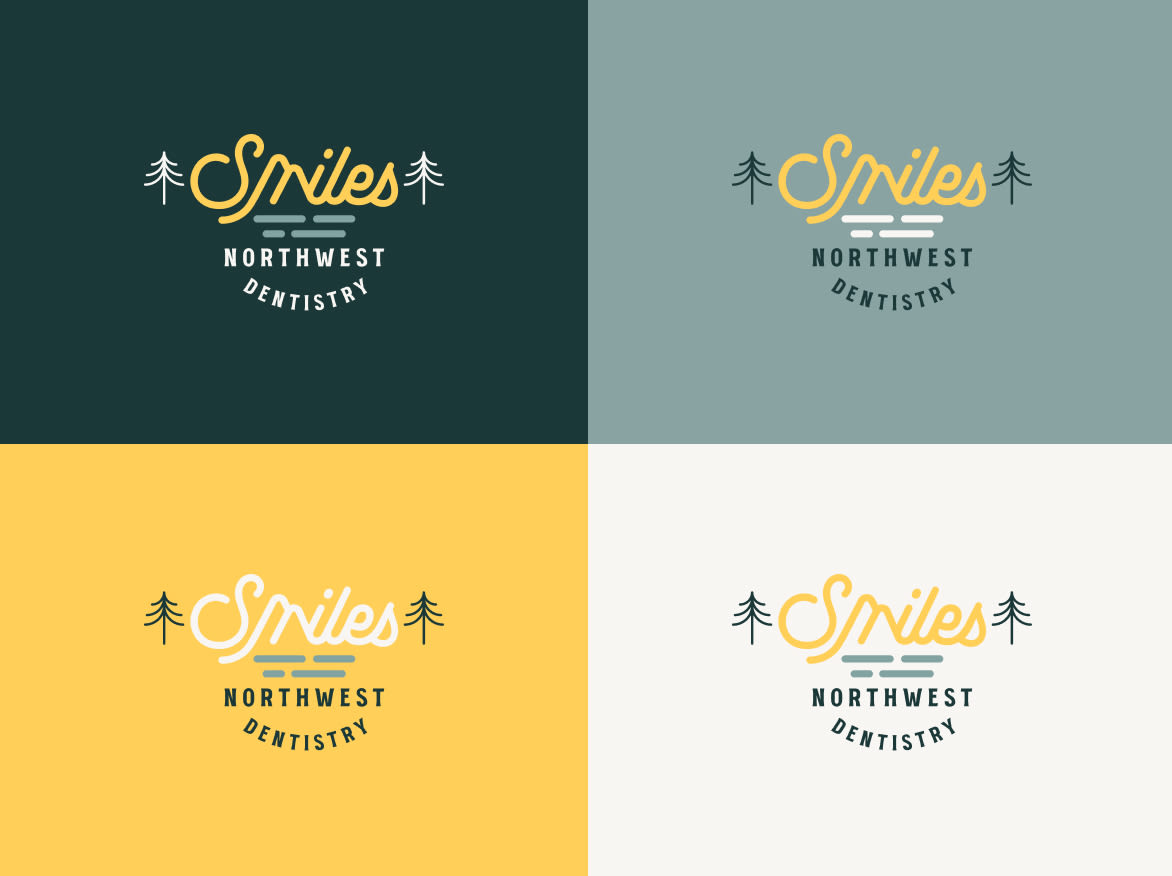 Logo variaties op een mok en stickers ontworpen in een Studio 1-op-1 project voor Smiles Northwest Dentistry