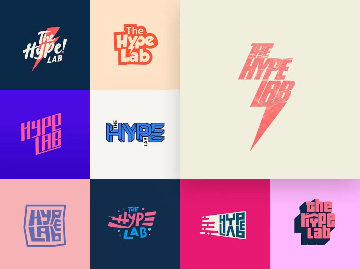 Uma coleção de diferentes logotipos criados em um concurso de design para o The Hype Lab