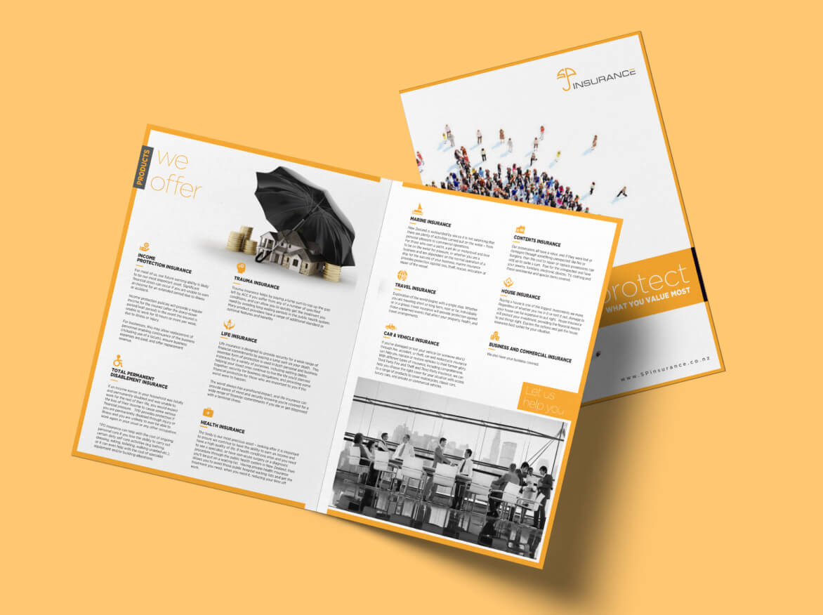 A brochure design created in a 1-to-1 project for SP Insurance