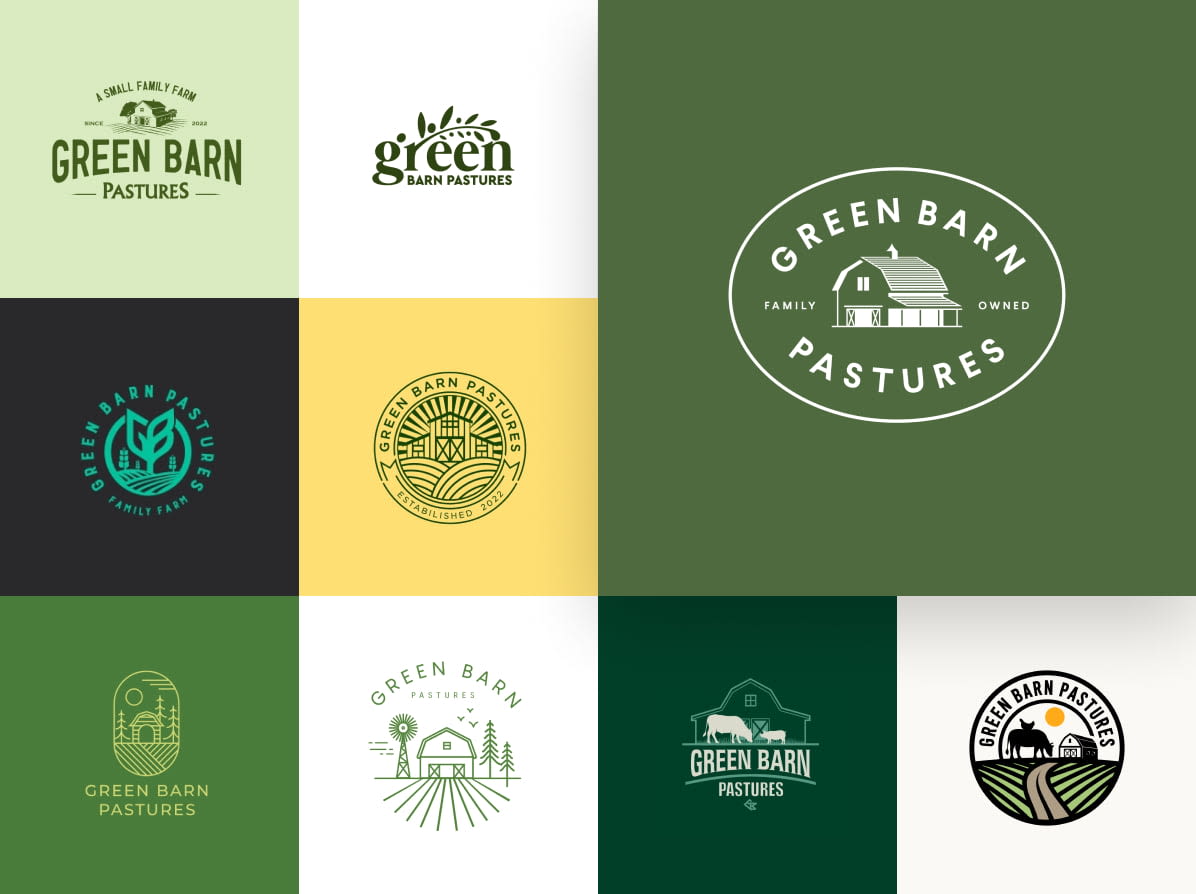 Una colección de diferentes logotipos creados en un concurso de diseño para Green Barn Pastures