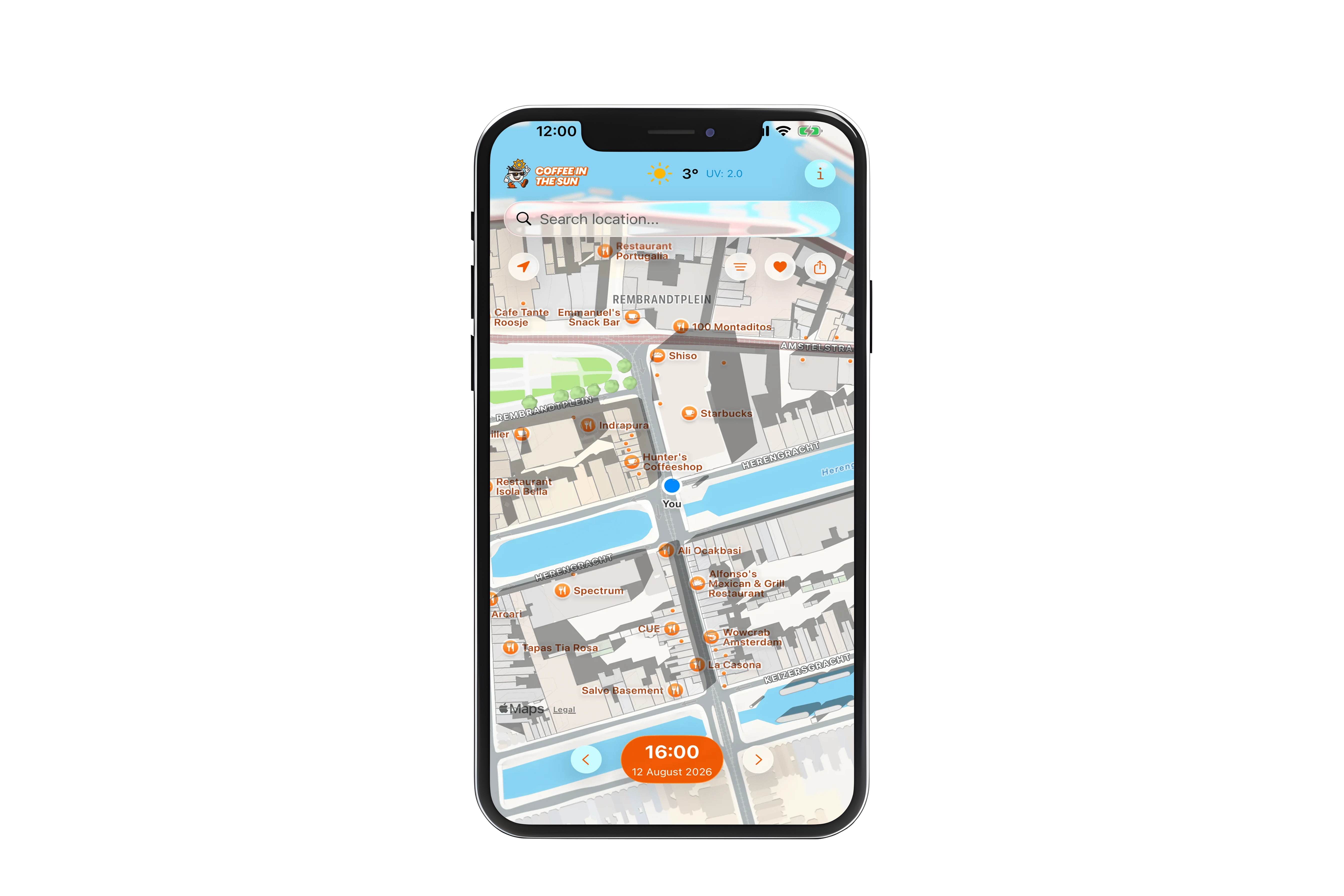 Telefoon met de app Koffie in de zon