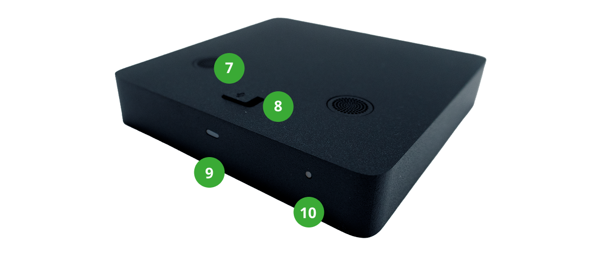 Bovenkant van Budget Thuis mediabox met knoppen, microfoon en statuslampje