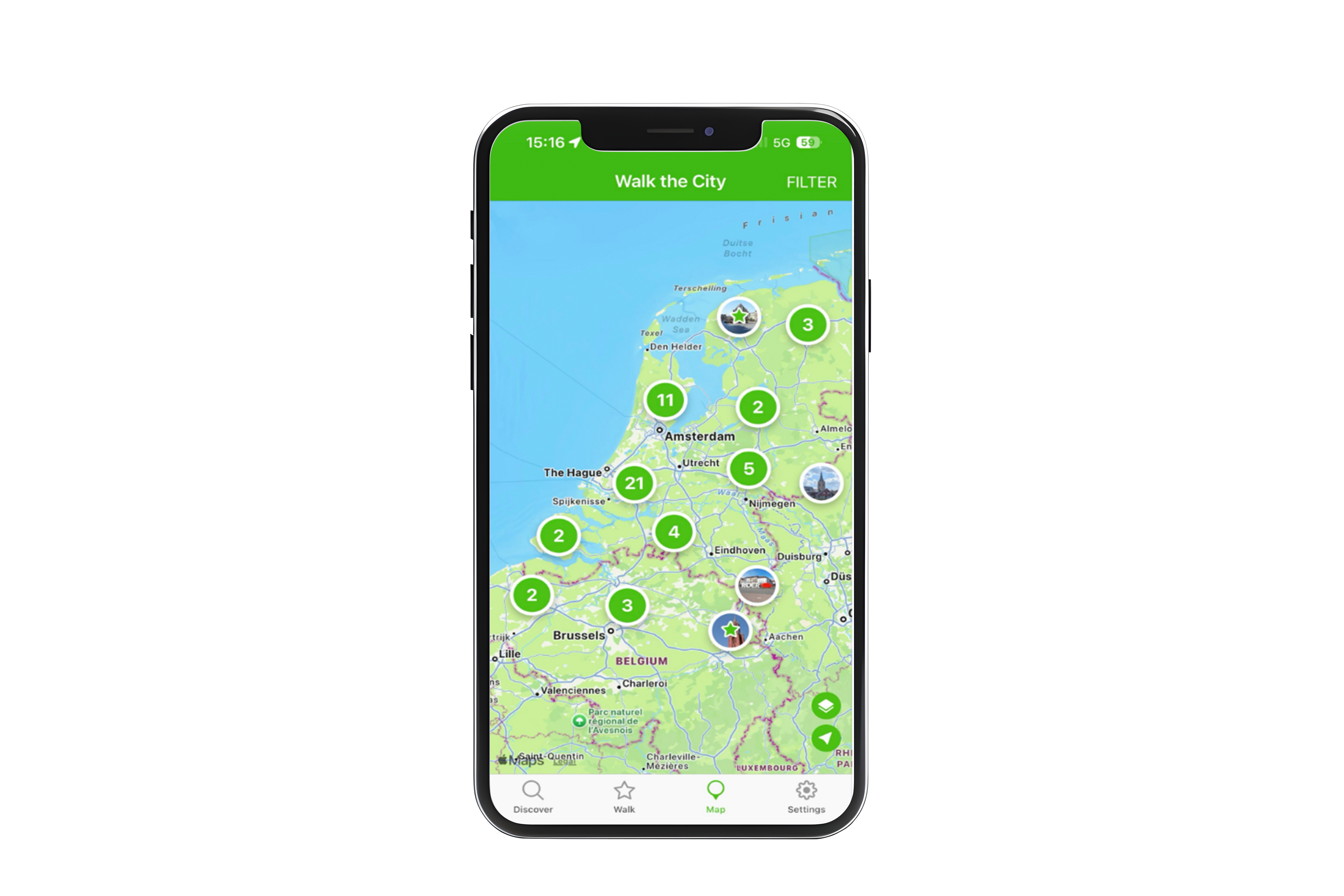 Telefoon met de app Walk in the City