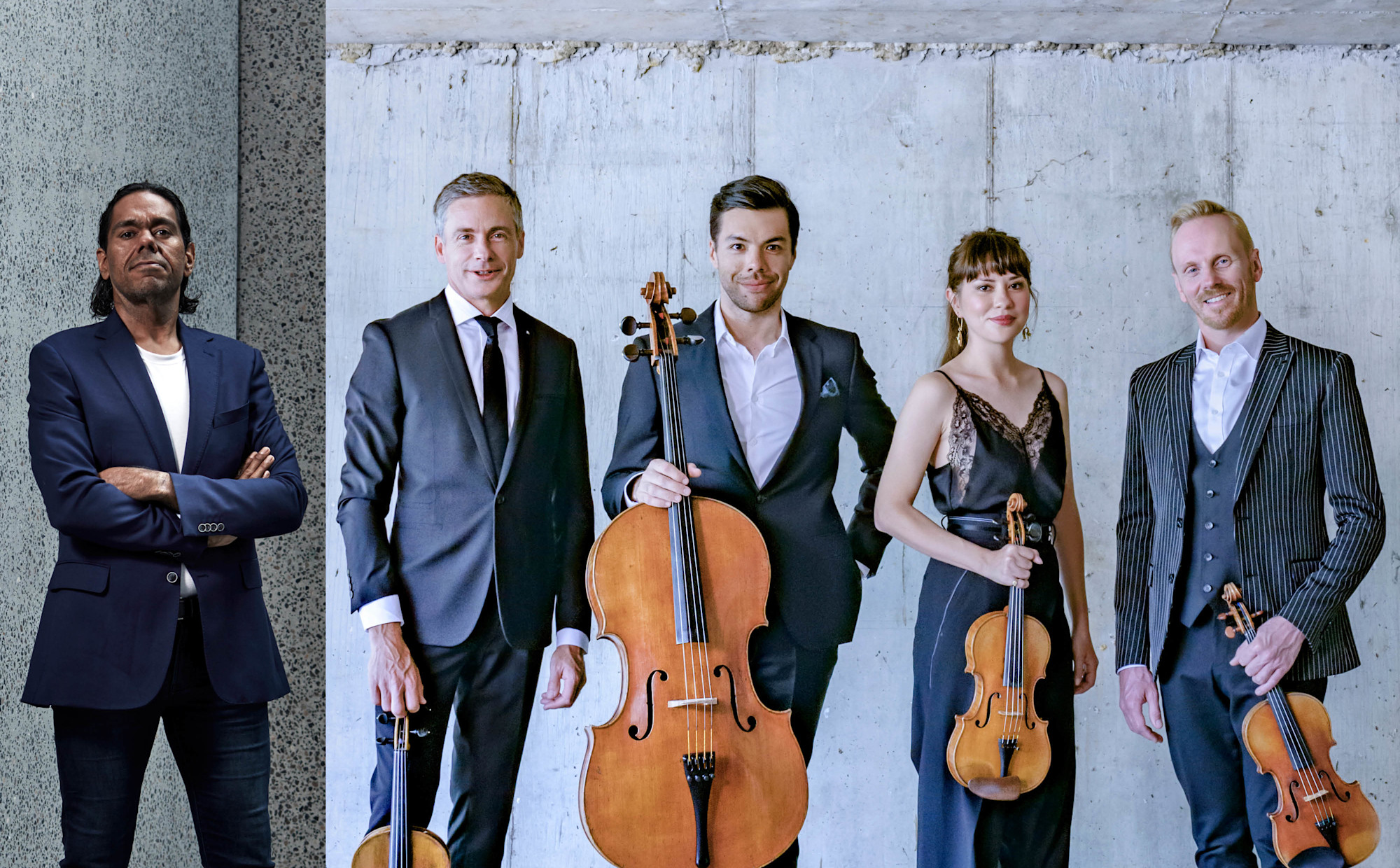 Composite image of William Barton standing with his arms folded and ASQ standing with their instruments.