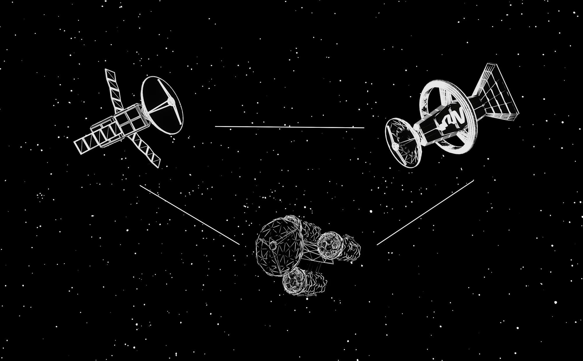 White vector drawing of three different types of satellite against a black space background.
