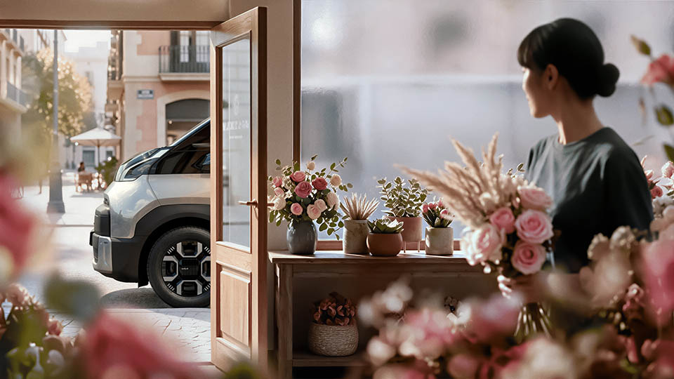 CGAI Artwork des Kia PV7 Cargo vor einem urbanen Blumenladen mit AI-generiertem Talent und floralen Arrangements im Vordergrund.