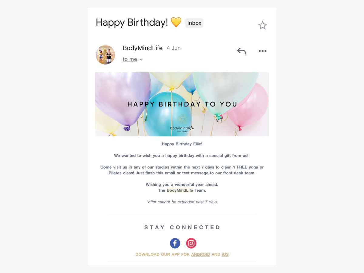 Birthday email marketing example