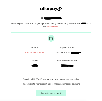 afterpay dunning email