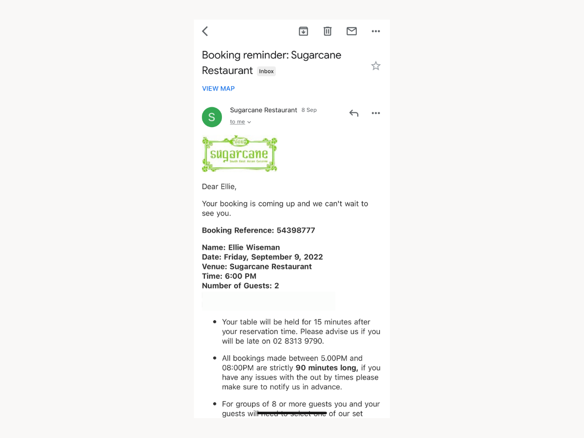 email restaurant booking reminder