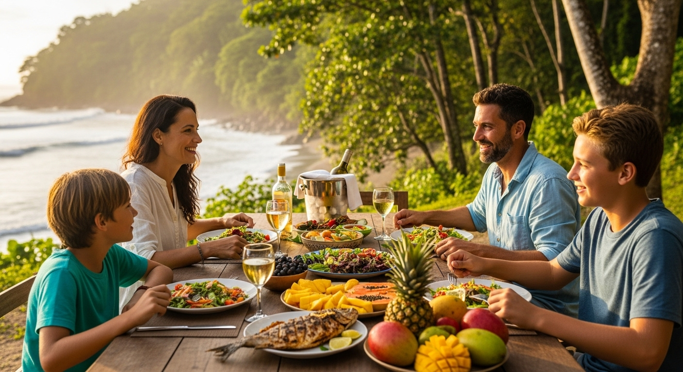 Familia costarricense compartiendo almuerzo al aire libre junto al mar o entre montañas tropicales, con mesa servida con ensaladas frescas, pescados, frutas y vino blanco. Luz suave de atardecer, ambiente alegre y relajado. Fotografía realista lifestyle, tono natural y positivo que refleje bienestar y sostenibilidad.