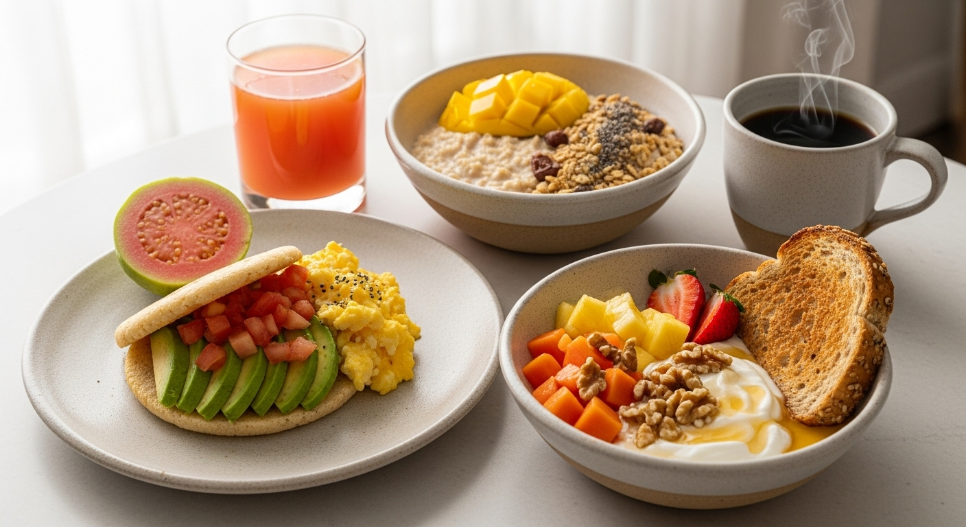 Tríptico en una sola mesa:

Arepa integral con aguacate, tomate y huevo revuelto + vaso de jugo de guayaba.

Tazón de avena cremosa con mango, granola casera y chía + taza de café.

Yogur griego con frutas (papaya, piña, fresas), nueces y miel + tostada integral.
Fondo luminoso, vajilla cerámica artesanal, luz de mañana. Fotografía realista lifestyle, composición ordenada, estilo editorial.