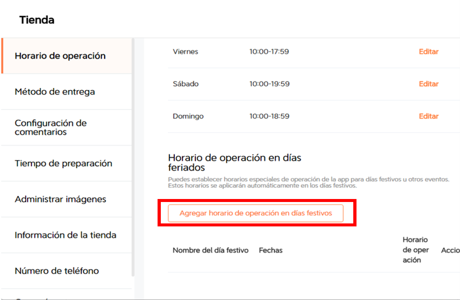 Ajustar horario festivo paso 1