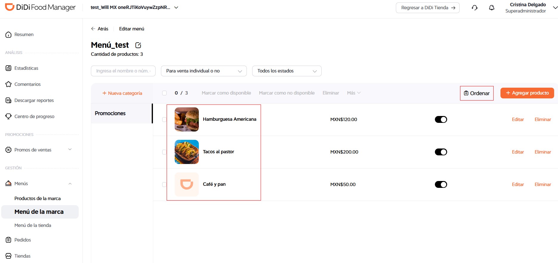 Ajustar orden de los platillos DiDi Food Manager