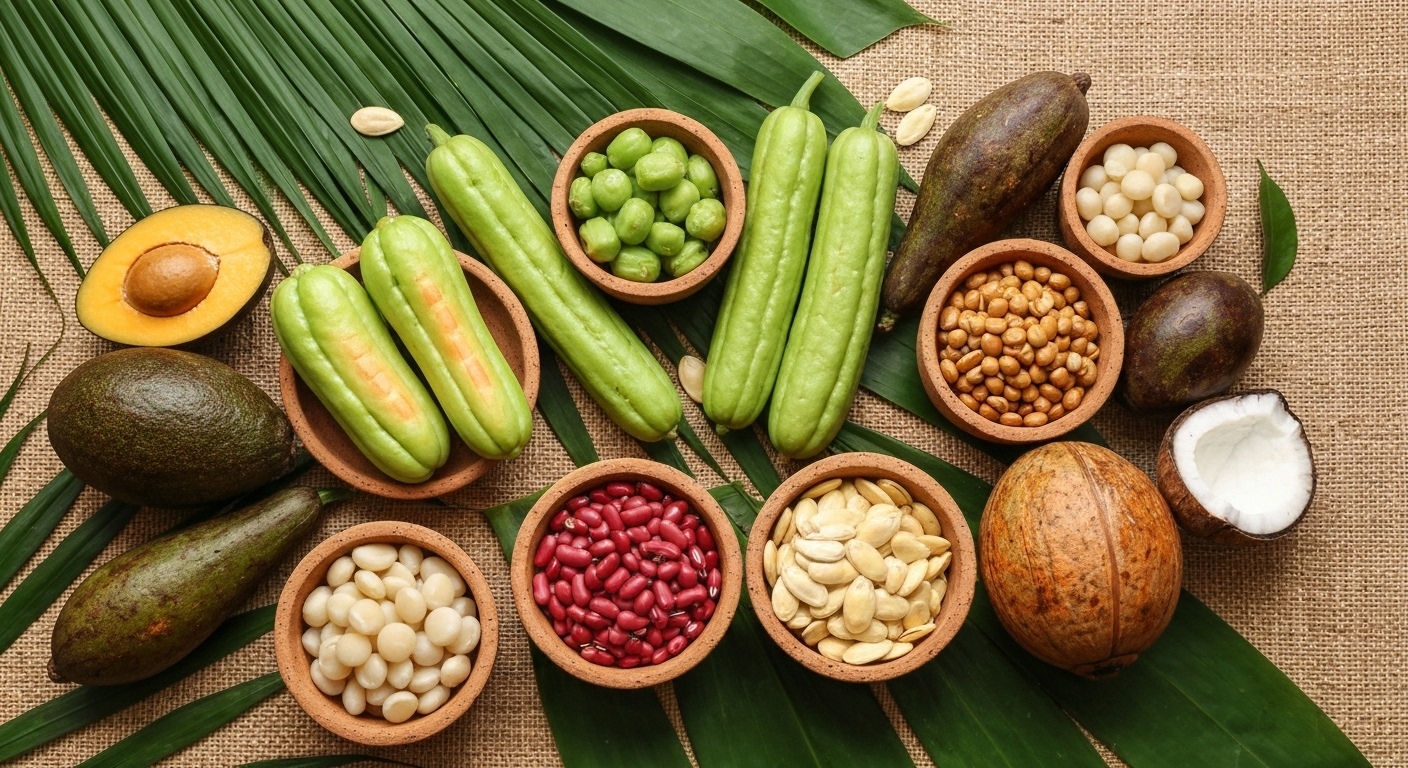 Composição colorida e natural mostrando a variedade de alimentos vegetais com alto teor de proteína típicos da Costa Rica. Em primeiro plano, tigelas de barro com chicasquil fresco, quelites de chayote, frijol de palo e sementes de ayote tostadas. Ao redor, frutas locais como abacate, goiaba, coco aberto e nozes de macadâmia. Fundo com folhas tropicais e tecidos rústicos costarriquenhos, iluminação natural suave e tons quentes que evoquem o clima tropical. Estilo fotografia realista tipo flat lay, foco em texturas naturais e autenticidade local, representando a riqueza vegetal e diversidade autóctona tica.