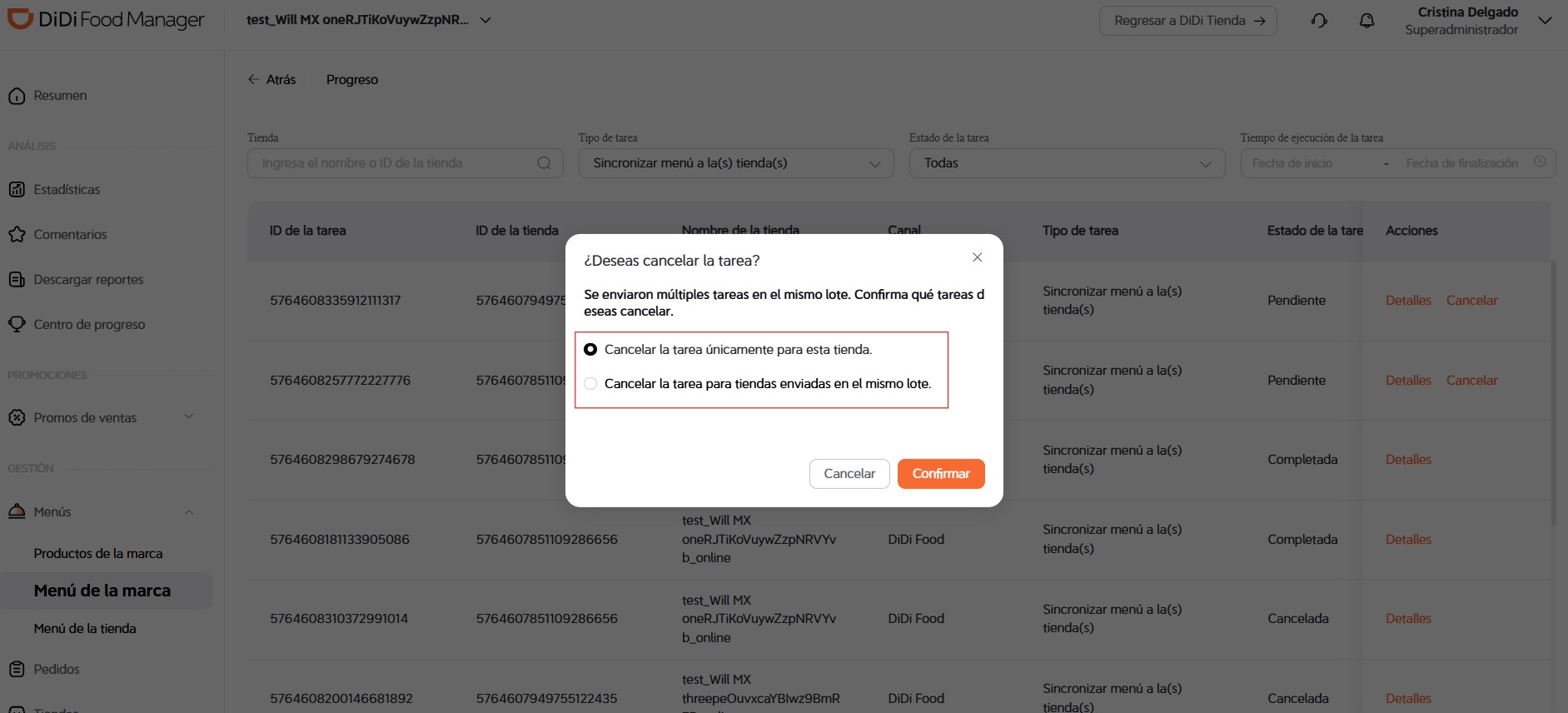 Cancelar tarea DiDi Food Manager