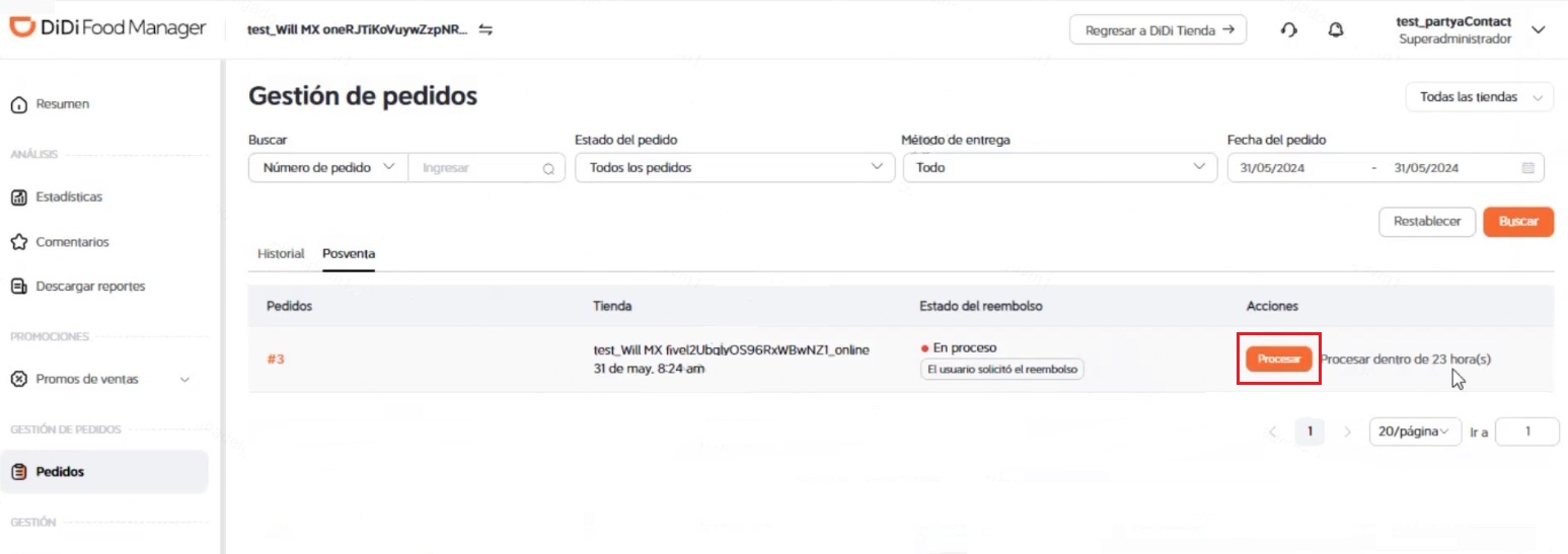 Opción "Postventa" DiDi Food Manager