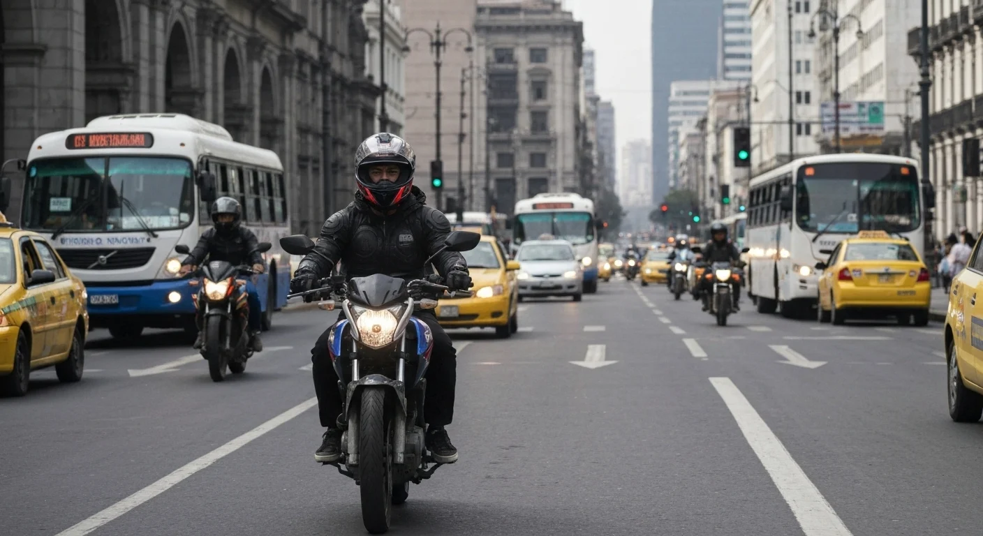 Un motociclista navega con agilidad por una calle concurrida del centro de Lima, con la arquitectura colonial de fondo. La imagen debe capturar la energía y el movimiento de la ciudad, con un conductor (hombre o mujer, 20s) enfocado y equipado con un casco moderno. Estilo de fotografía urbana y dinámica.