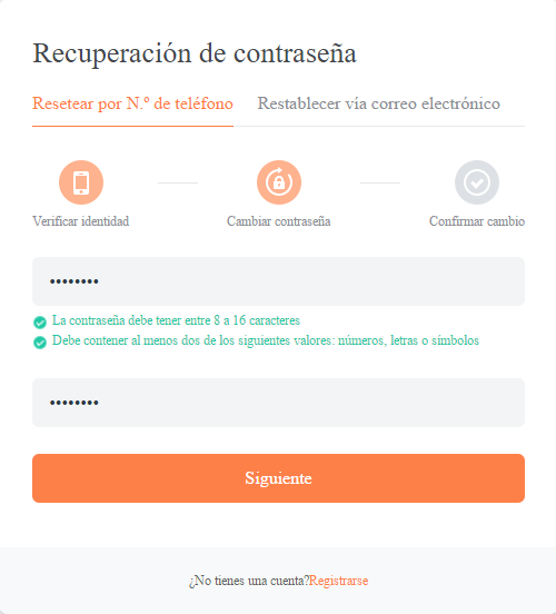DiDi Cuenta confirmar nueva contraseña