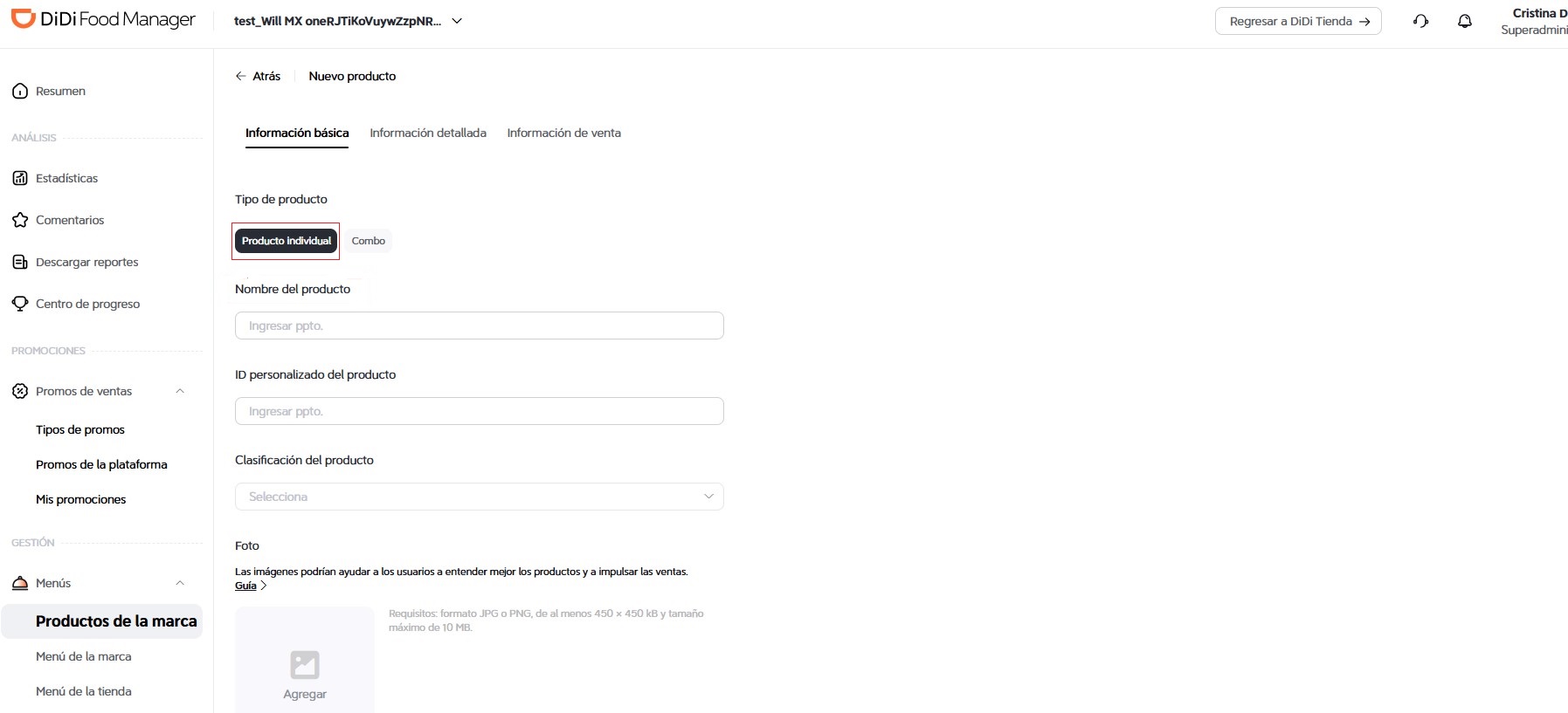 Opciones: "Producto individual" o "Combo" DiDi Food Manager