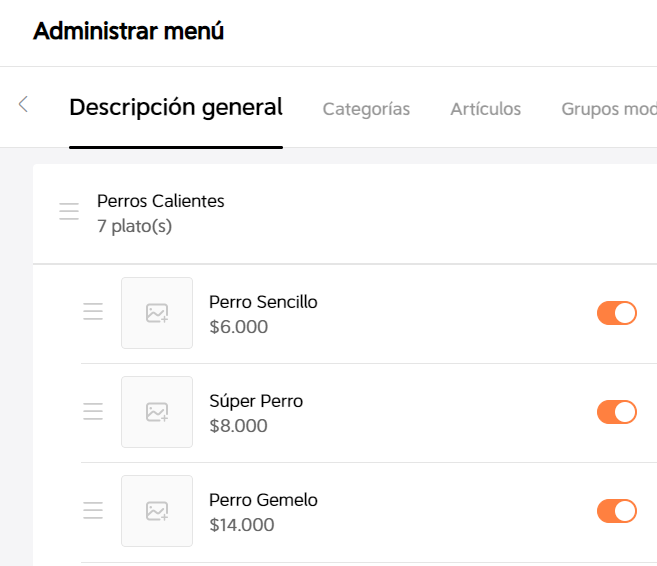 DiDi Tienda menú de Administrar menú