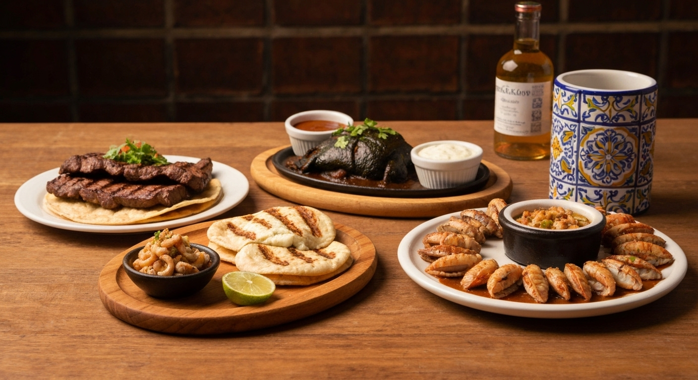 Cocina contemporánea mexicana con chef preparando tacos de pescado con aguacate y queso Oaxaca rallado. En la mesa, cortes de carne asada, pollo en mole poblano y mariscos frescos del Golfo. Fondo con azulejos mexicanos coloridos. Luz cálida de tarde, estilo lifestyle realista que mezcla tradición culinaria y modernidad.