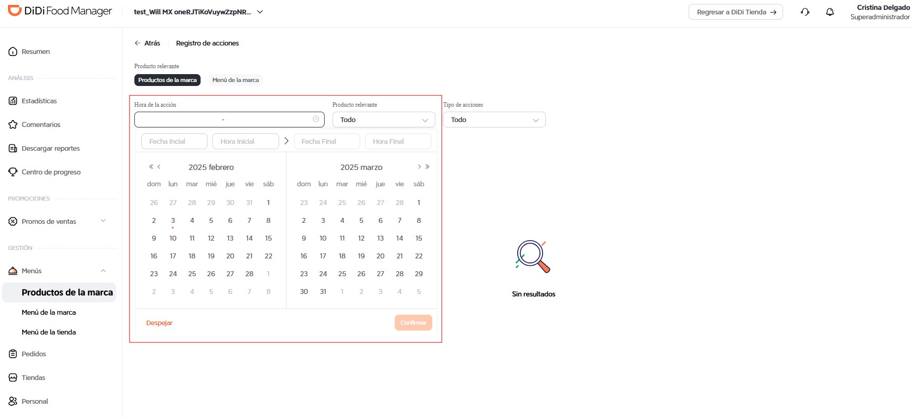 Filtrar por fechas DiDi Food Manager