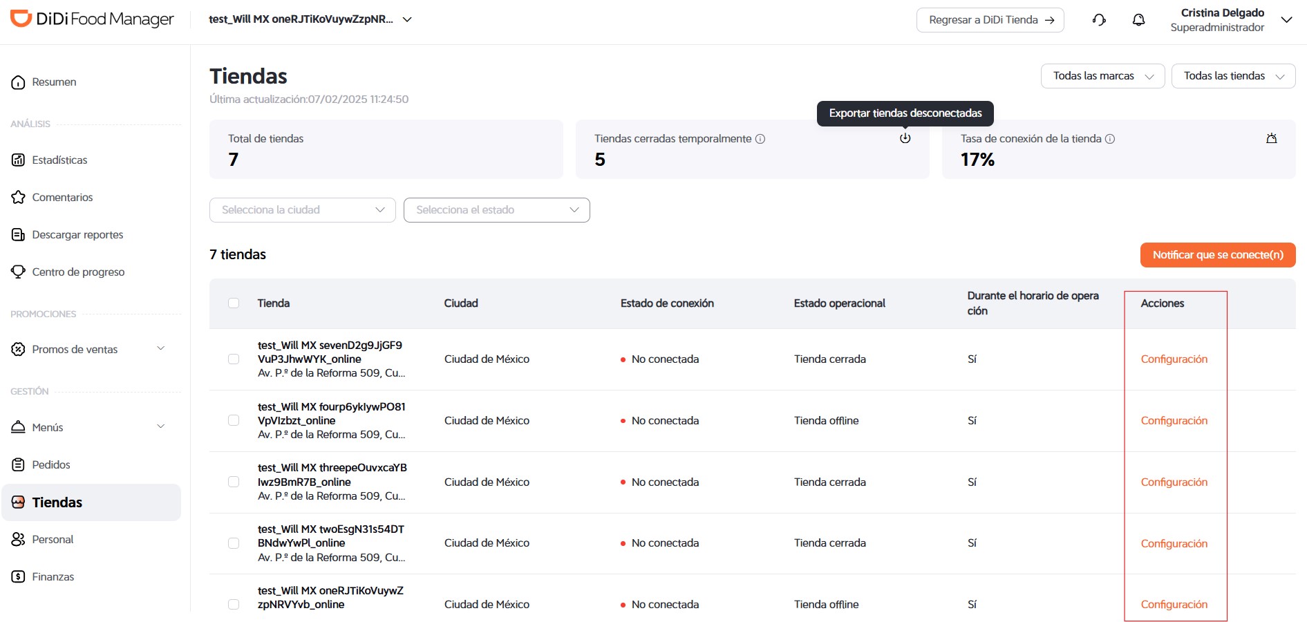 Botón de "Configuración" DiDi Food Manager