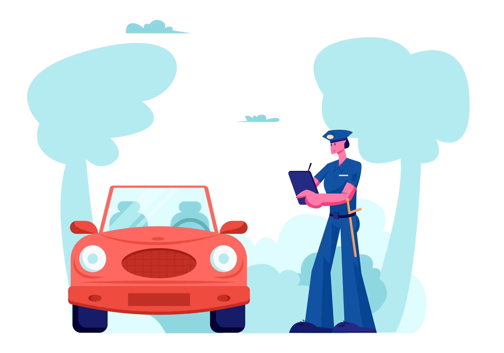 Policía multando, carro rojo