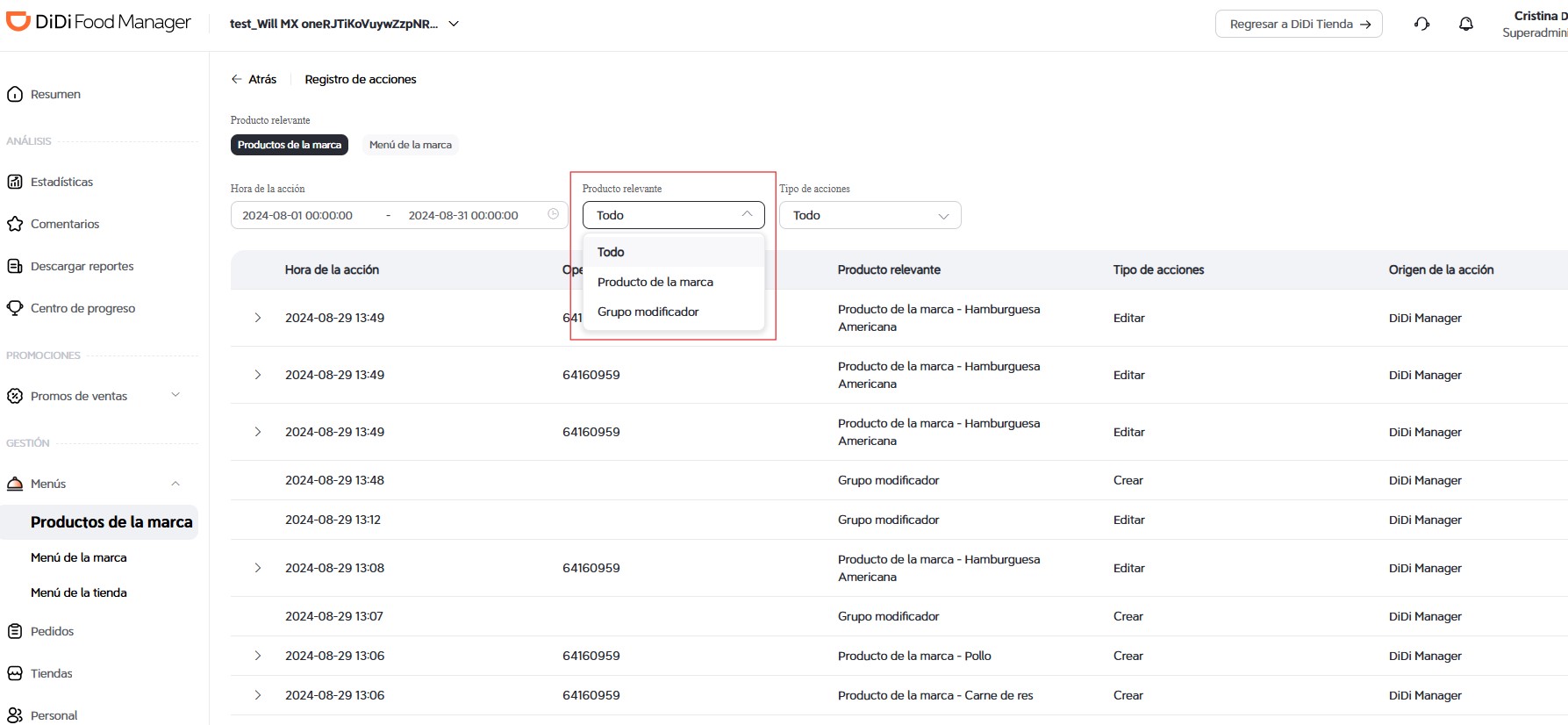 Filtrar por Producto relevante DiDi Food Manager