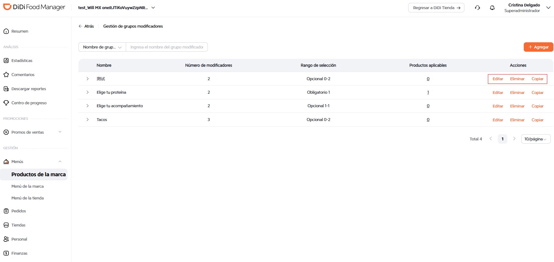 Gestión de grupos modificadores DiDi Food Manager
